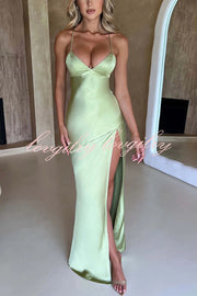 Satin Solid Color Sexy Backless Lace Up High Slit Maxi Dress