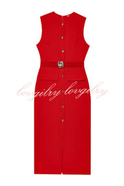 Danina Button Up Sleeveless Metal Belted Pocket Stretch Midi Dress