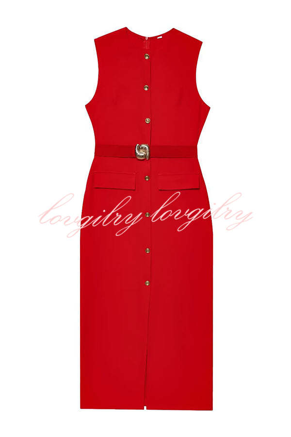 Danina Button Up Sleeveless Metal Belted Pocket Stretch Midi Dress
