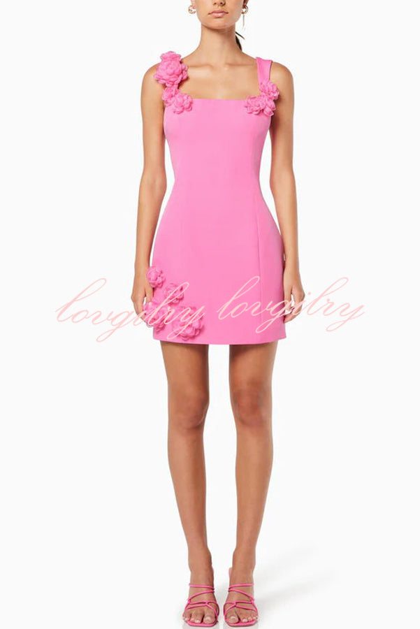 Crush on You Rose Applique Square Neck Wide Strap Mini Dress