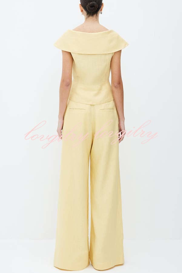 Velena Linen Blend Button Up Lapel Top and High Rise Pocket Wide Leg Pants Set