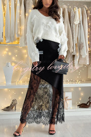 Gentle Winter Satin Lace Patchwork High Rise Elastic Waist Maxi Skirt