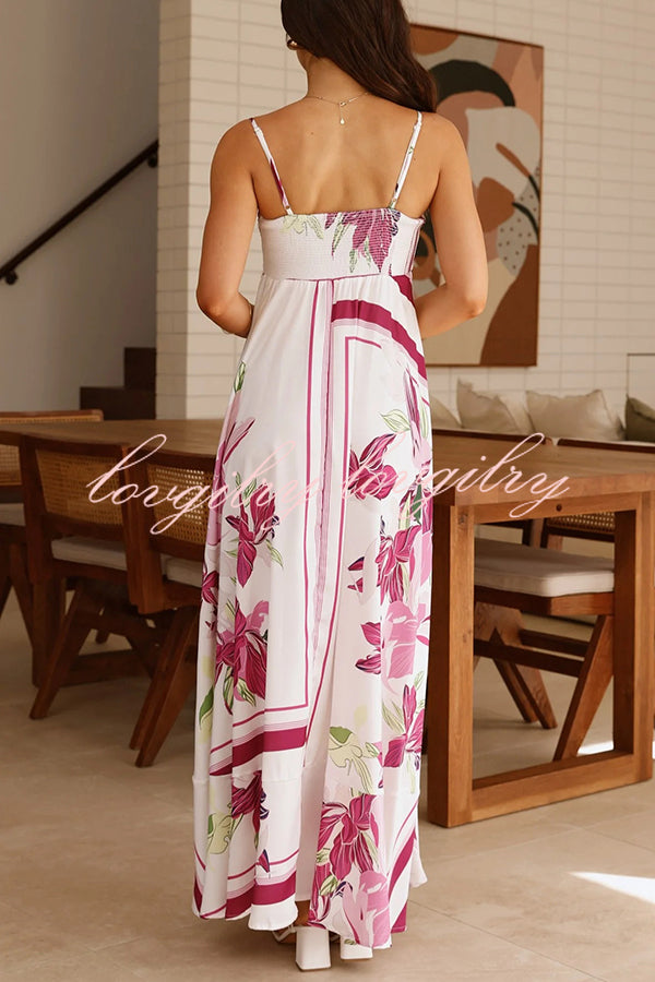 Botanical Print Halter Square Neck Pleated Loose Maxi Dress