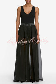 Avant-garde Fashion Denim Flowing Organza Patchwork Pocketed Wide Leg Jeans