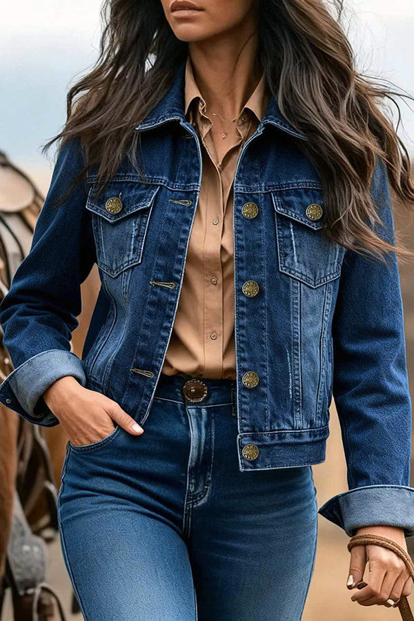 Stylish Lapel Long-sleeved Casual Button-pocket Denim Jacket