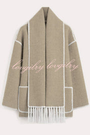 Stylish Loose Pocket Long Sleeve Coat and Warm Fringed Scarf