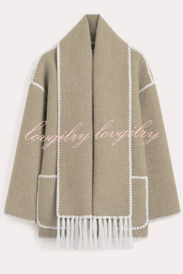 Stylish Loose Pocket Long Sleeve Coat and Warm Fringed Scarf