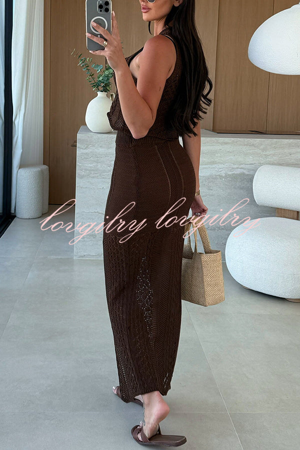 Solid Color Sleeveless Hollow Knit Crop Top and Elastic Slit Slim Midi Skirt Set