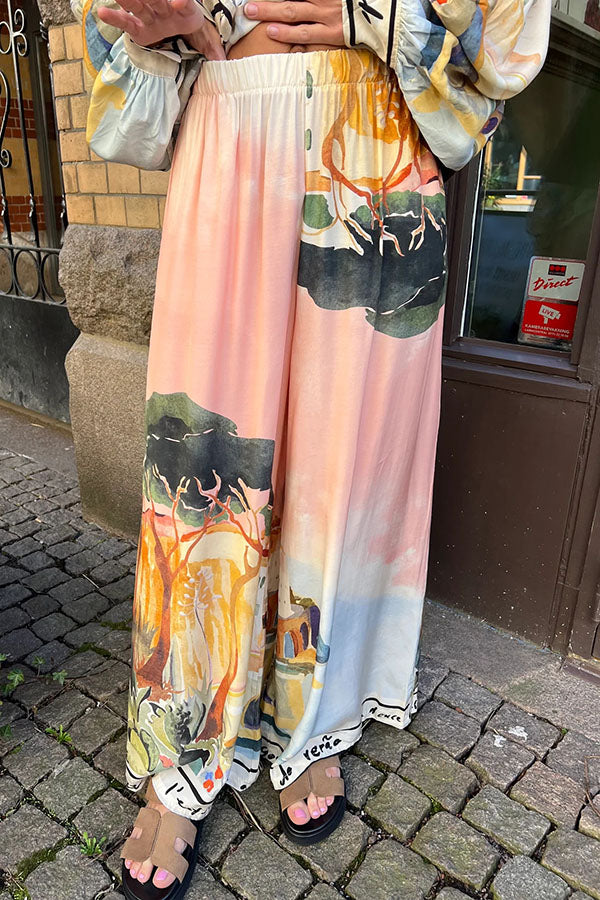 Ellison Unique Print Elastic Waist Pocketed Wide Leg Pants