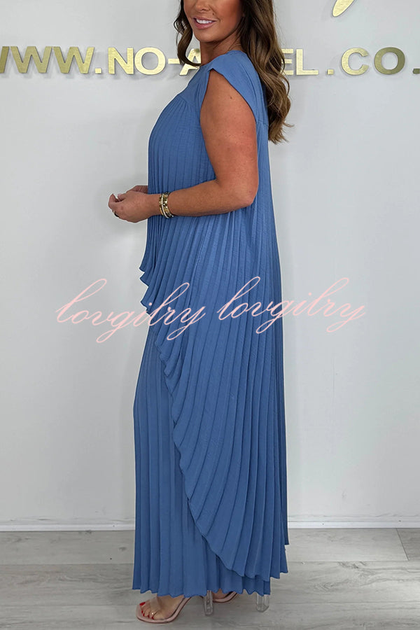 Laney Pleated Short Sleeve Irregular Midi Top and Elastic Waist Wide Leg Pants Set