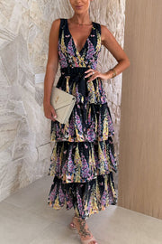 Sunny Views Lavender Print V-neck Tie-up Tiered Maxi Dress