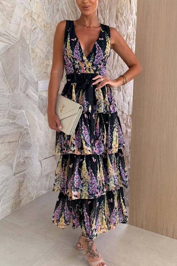 Sunny Views Lavender Print V-neck Tie-up Tiered Maxi Dress