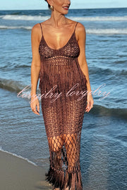 Malia Crochet Knit Hollow Out Tassle Trim Back Tie-up Cover-up Tank