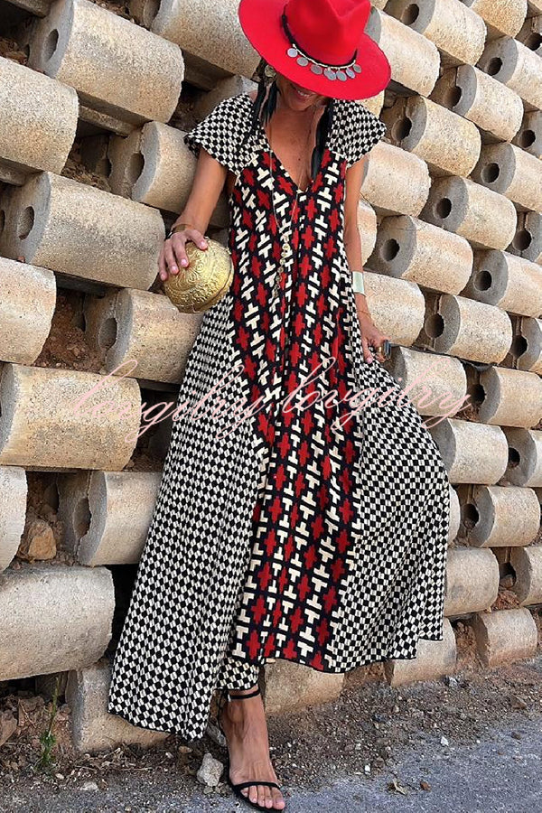 Fresh Breeze Ethnic Unique Print Ruffle Sleeve A-line Maxi Dress