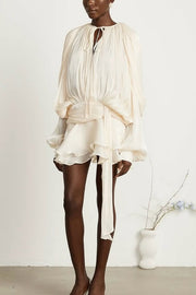 Solid Color Long-sleeved Belted Asymmetrical Mini Dress and Elastic Waist Casual Shorts Set