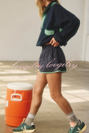 Fashion Contrast Color Stitching Stand Collar Long Sleeve Top and Elastic Waist Loose Pocket Shorts Set