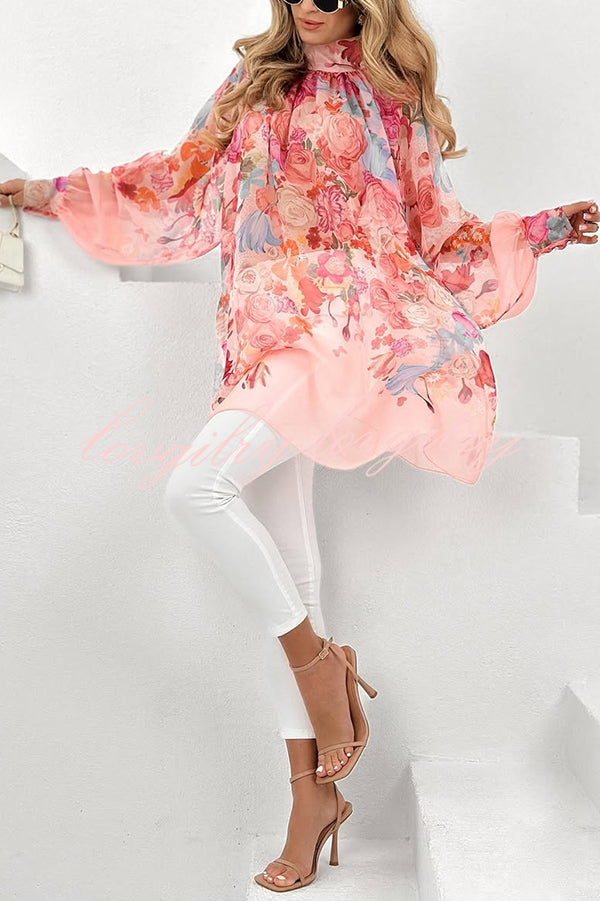 Chiffon Floral Print Turtleneck Long Sleeve Loose Top