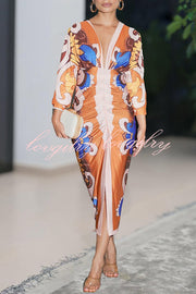 Bahamas Unique Print Dolman Long Sleeve Ruched Slit Midi Dress