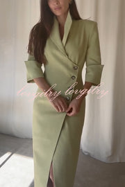 Elegant Look Linen Blend Stand Lapel Neck Half Sleeve Side Button Midi Dress