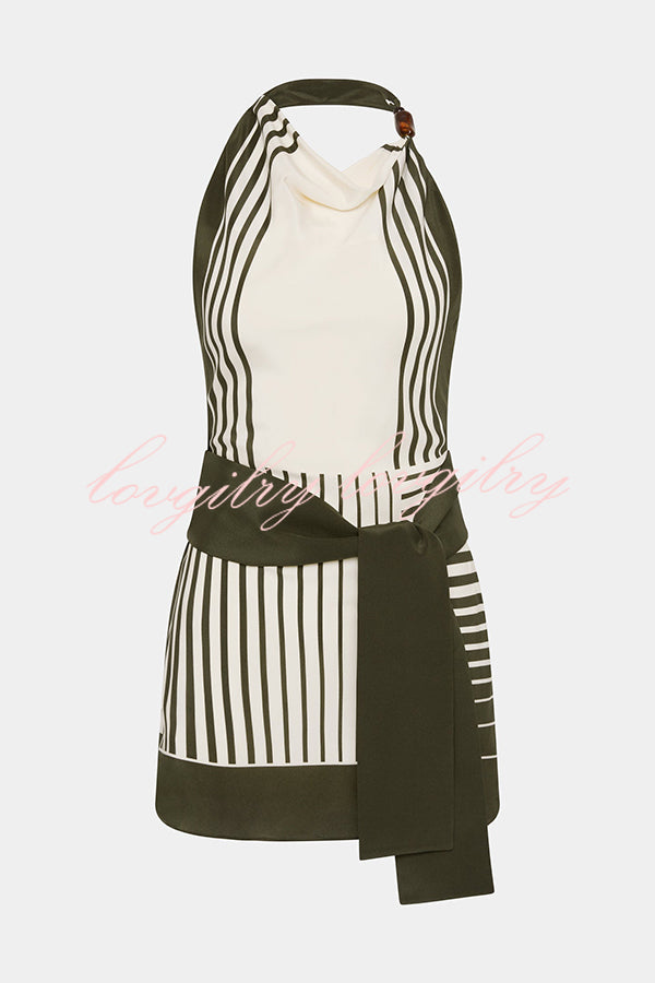 Summer Event⁠ Striped Beads Cowl Neck Backless Tie-up Mini Dress