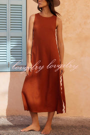 Vacation Villa Side Ric Rac Wave Trim Slit Loose Maxi Dress