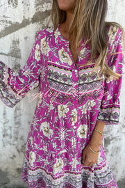 Ethnic Floral Print V-neck Loose Pocket Mini Dress