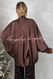 Chic and Merry Satin Bow Neck Batwing Sleeve Loose-fitting Blouse