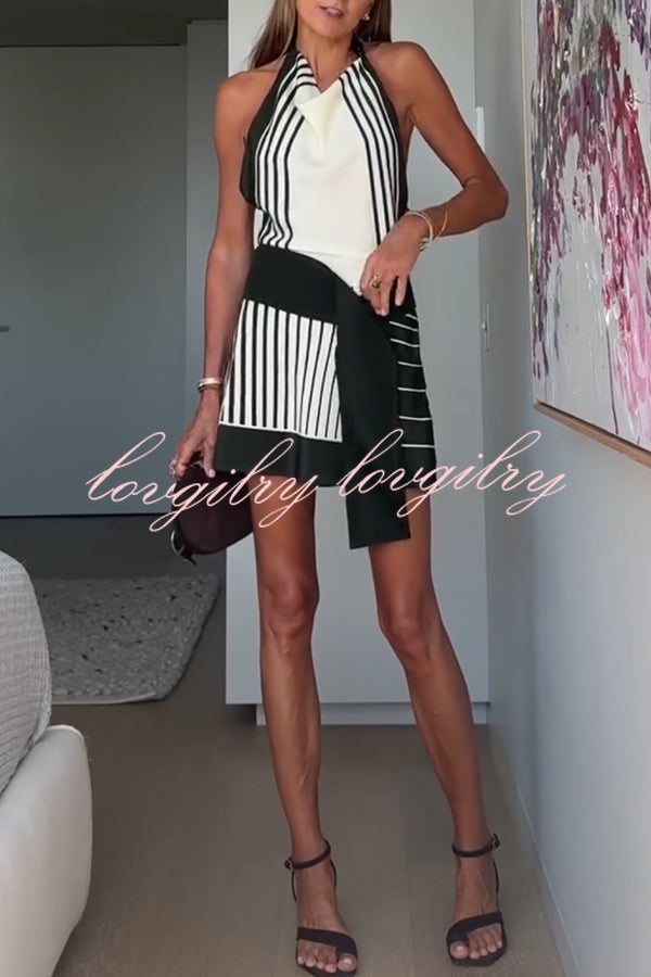 Summer Event⁠ Striped Beads Cowl Neck Backless Tie-up Mini Dress