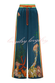 Linen Blend Unique Print Lapel Short Sleeve Shirt and Elastic Waist Loose Pocket Wide Leg Pants Set