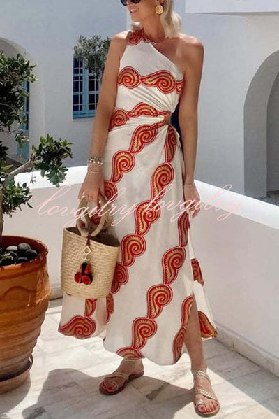 Enjoy A Sunny Linen Blend Shell Print One Shoulder Cutout Waist Tie-up Slit Maxi Dress