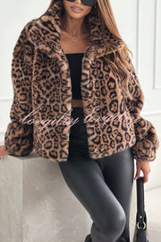 Stylish Leopard Print Lapel Long Sleeve Short Coat