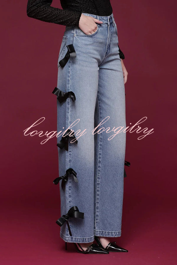 Runway Muse Denim High Rise Bow Trim Pocketed Wide Leg Jeans