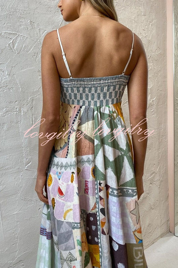 Wonderful Weekend Linen Blend Unique Print Smocked Back Pocketed Midi Dress