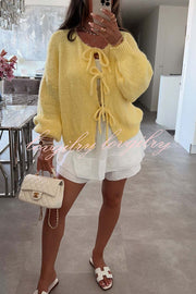 Solid Color Long-sleeved V-neck Lace-up Loose Knitted Sweater
