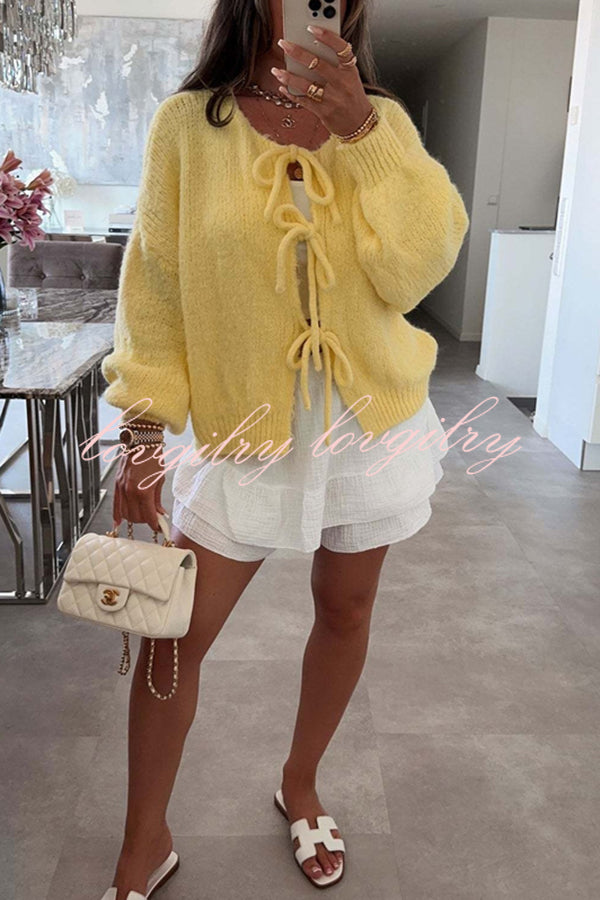 Solid Color Long-sleeved V-neck Lace-up Loose Knitted Sweater