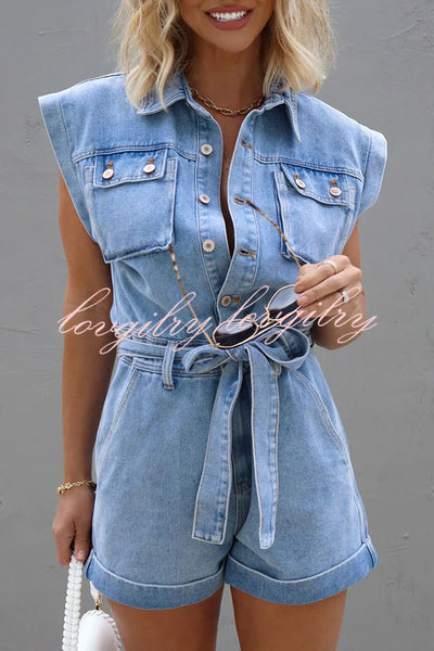 District Utility Denim Button Up Pocket Belted Romper