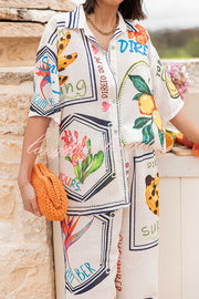 Summer Plant Fruit Print Casual Short Sleeve Shirt and Elastic Waist Loose Wide Leg Pants Set