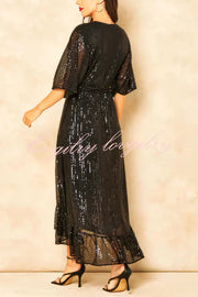 Solid Color Sequined V-neck Waist Tie Loose Maxi Dress