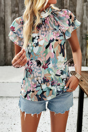 Floral Print Paneled Pleated Crew Neck Pullover Short Sleeved Top