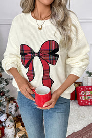 Christmas Plaid Bowknot Round Neck Long Sleeve Loose Knitted Sweater