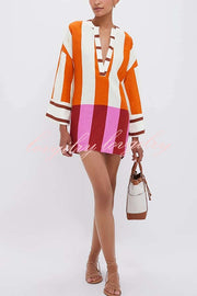 Talah Linen Blend Color Block Print V-neck Long Bell Sleeve Loose Mini Dress