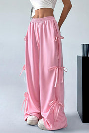 Fashion Elastic Waist Side Bow Casual Straight Wide-leg Pants