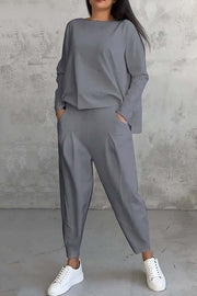 Solid Color Crew Neck Long-sleeved Irregular Loose Top and Elastic Waist Pocket Casual Pants Set