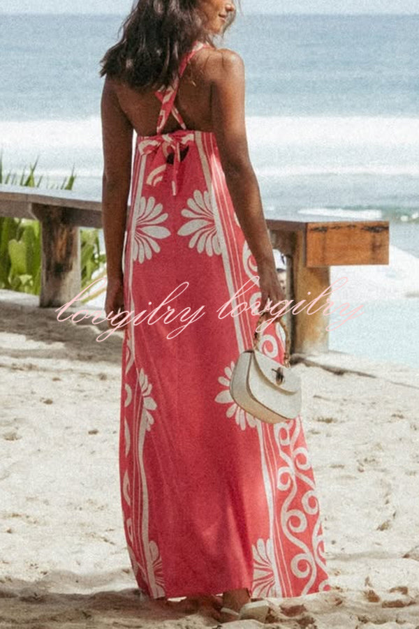 Unique Print Square Neck Open Back Tie Bow Holiday Maxi Dress