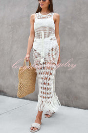 Sunset Cocktail Knit Crochet Tassel Trim Cover-up Maxi Dress