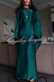 Dignified and Elegant Satin Batwing Sleeve with Waist Tie Design A-line Maxi Dress