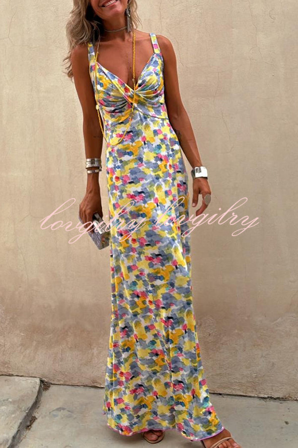 Flora Watercolor Print Crossover Neck Wide Straps Stretch Maxi Dress