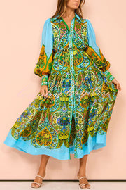 Feeling Butterflies Multi Unique Print Balloon Sleeve Belt Shirt Midi Dress