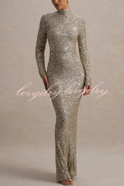 Galaxy Premium Sequin Turtle Neck Long Sleeve Maxi Dress