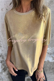 Metallic Solid Color Round Neck Short-sleeved Loose T-shirt